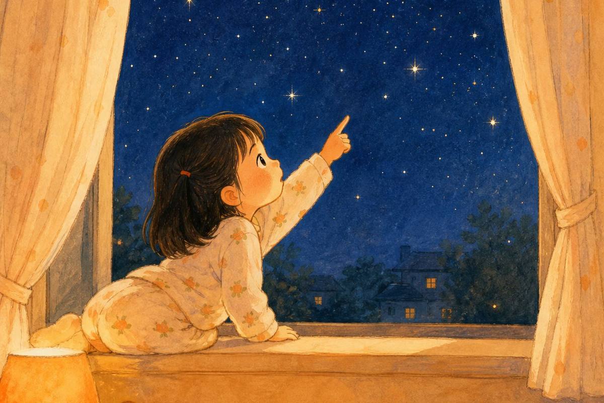 Illustration: a little girl at the window pointing at the stars
