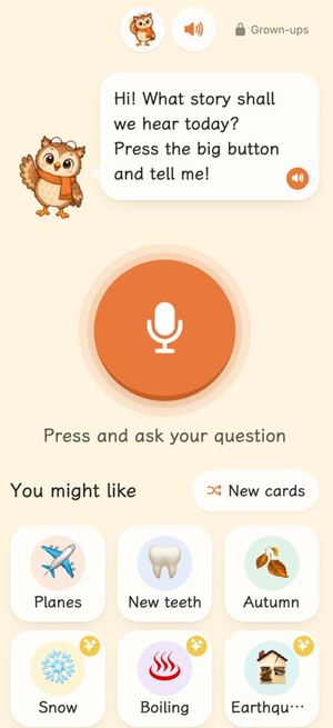 App screen: a big microphone and picture cards